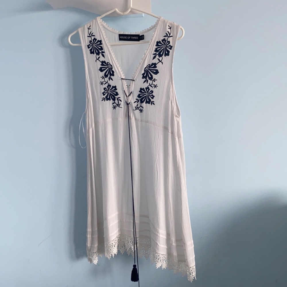 house of three LF white sundress with navy flowers
